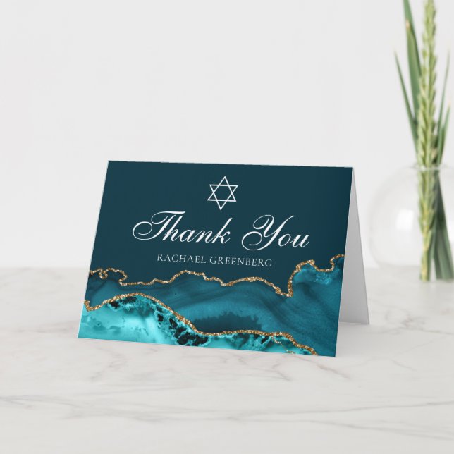 Chic Teal Gold Agate Personalized Bat Mitzvah Thank You Card (Front)