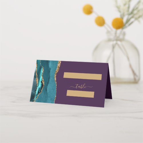 Chic Teal Gold Agate Purple Wedding Place Card