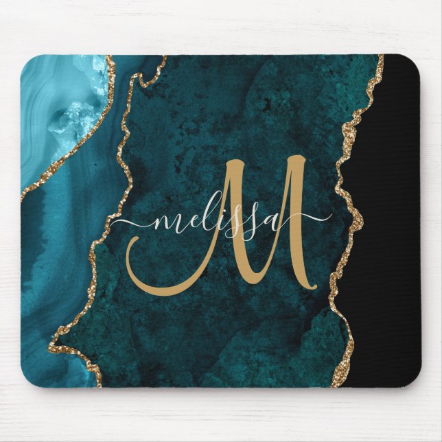 Chic Teal Gold Agate Script Custom Monogram Mouse Pad (Front)