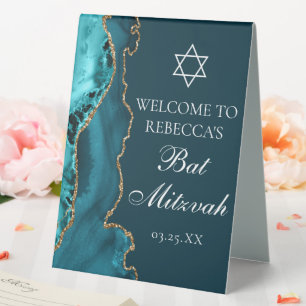 Chic Teal Gold Bat Mitzvah Party Custom Table Tent
