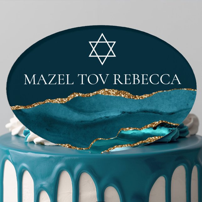 Chic Teal Gold Bat Mitzvah Party Personalized Cake Topper (Creator Uploaded)