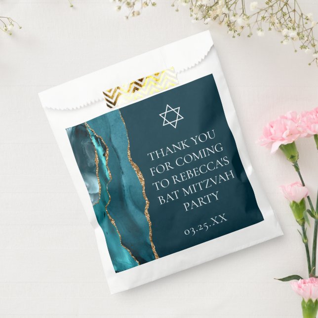 Chic Teal Gold Bat Mitzvah Personalized Party Favor Bag (Sealed)
