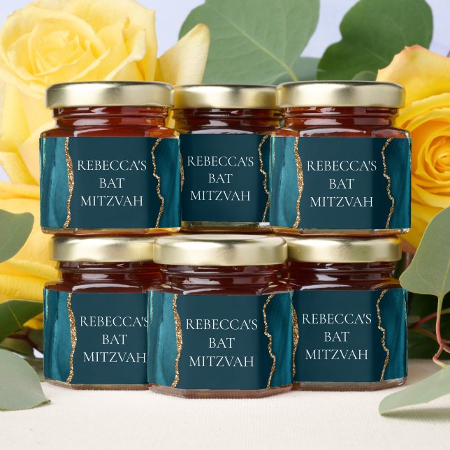 Chic Teal Gold Bat Mitzvah Personalized Party Honey Jar Favors (Insitu)