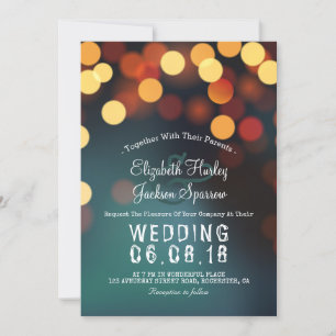 Chic Teal Gold Bokeh Glitter String Lights Wedding Invitation