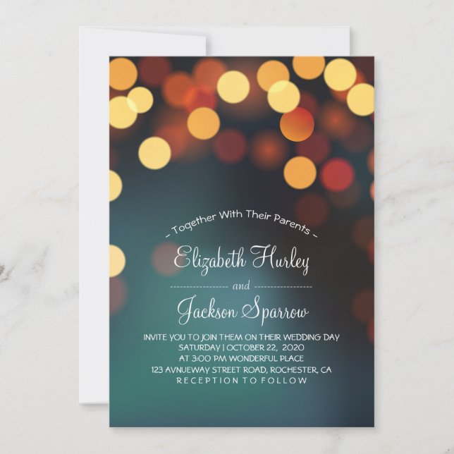 Chic Teal Gold Bokeh Glitter String Lights Wedding Invitation (Front)