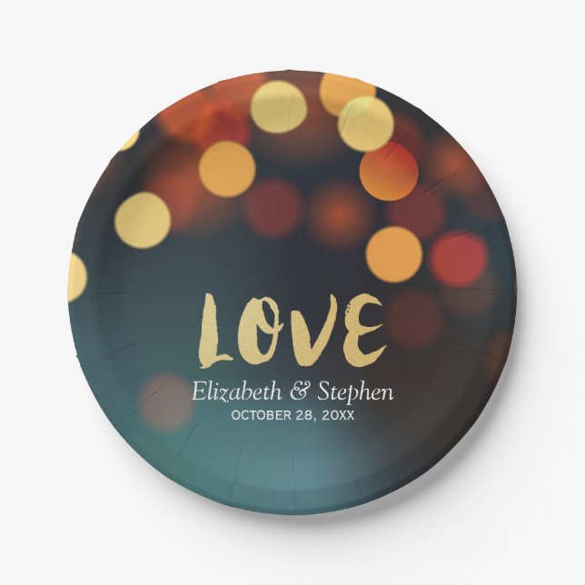 Chic Teal Gold Bokeh Glitter String Lights Wedding Paper Plates (Front)