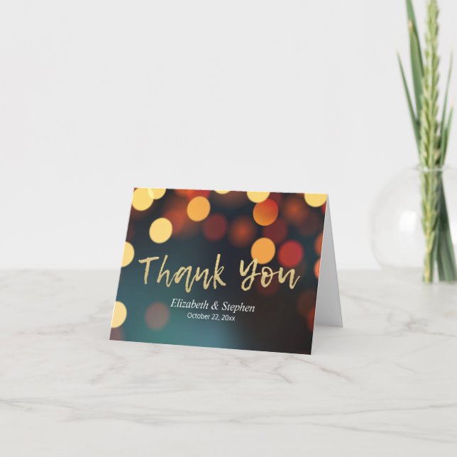 Chic Teal Gold Bokeh Lights Wedding Thank You (Front)