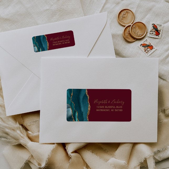 Chic Teal Gold Burgundy Wedding Return Address Label (Creator Uploaded)