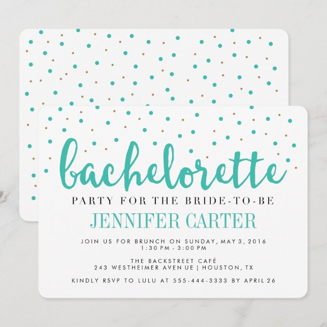 Chic Teal Gold Dots Bachelorette Party Invitation (Front/Back)