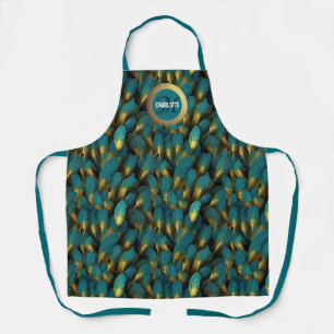 Chic teal gold feathers monogram name apron