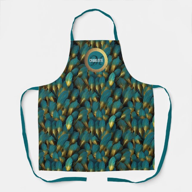 Chic teal gold feathers monogram name apron (Front)