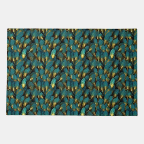Chic teal gold feathers monogram name doormat