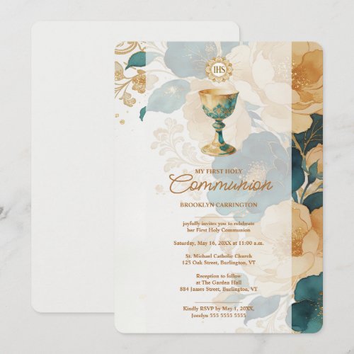 Chic Teal Gold First Holy Communion LPM26 Invitation