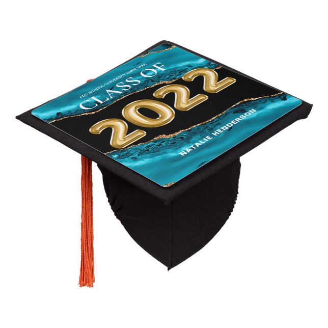 Chic Teal Gold Glitter Agate Class of 2022 Graduation Cap Topper (Angled)
