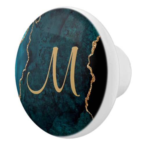 Chic Teal Gold Glitter Agate Custom Monogram Ceramic Knob