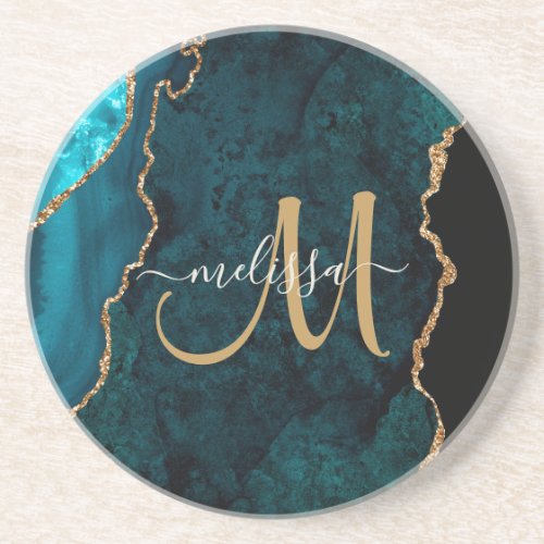 Chic Teal Gold Glitter Agate Custom Monogram Coaster