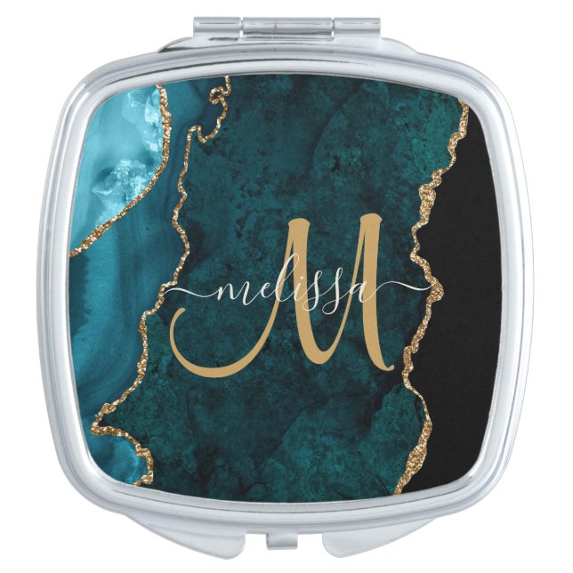 Chic Teal Gold Glitter Agate Custom Monogram Compact Mirror (Front)