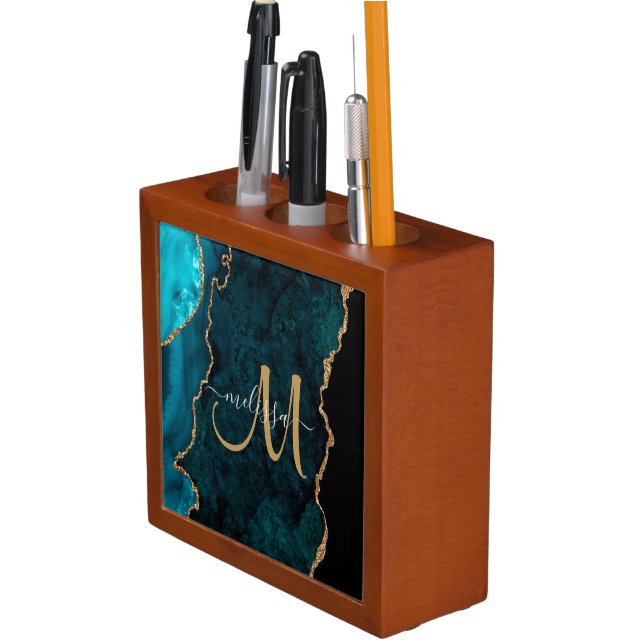 Chic Teal Gold Glitter Agate Custom Monogram Desk Organizer (In Situ)