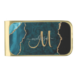 Chic Teal Gold Glitter Agate Custom Monogram Finish Money Clip