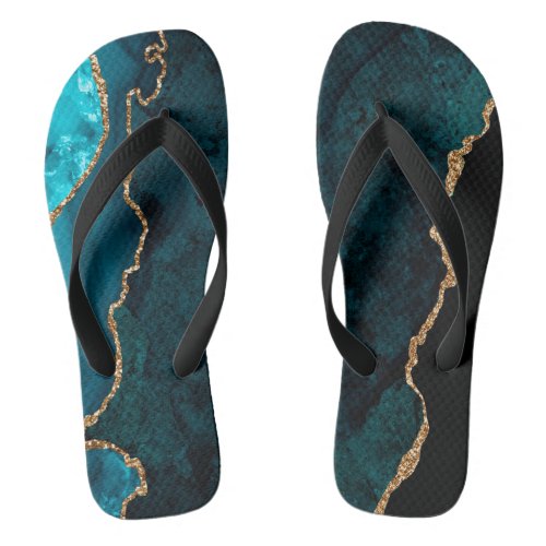 Chic Teal Gold Glitter Agate Custom Monogram Flip Flops