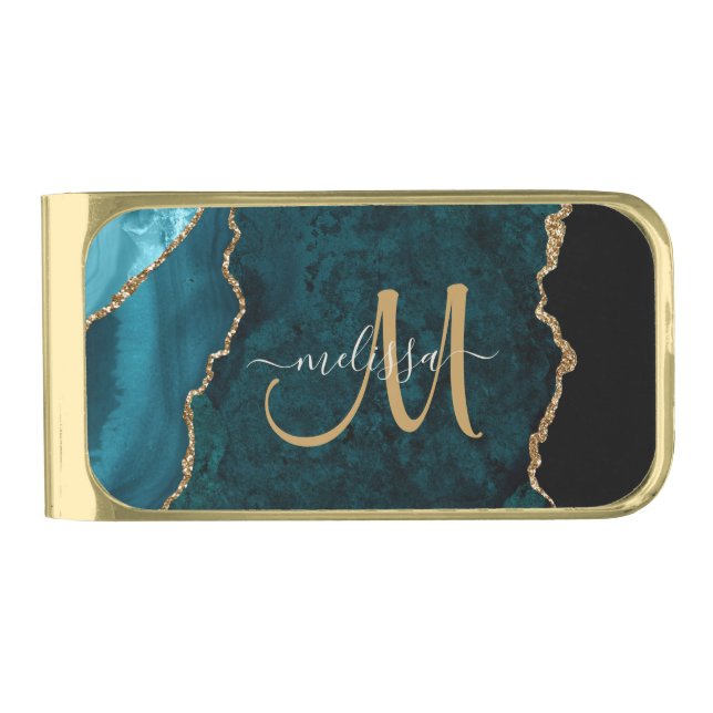 Chic Teal Gold Glitter Agate Custom Monogram Gold Finish Money Clip (Front)