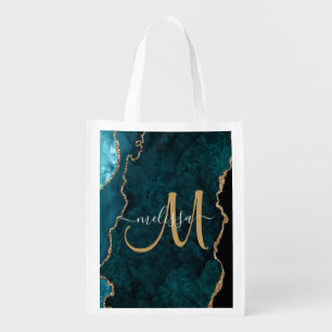 Chic Teal Gold Glitter Agate Custom Monogram Grocery Bag