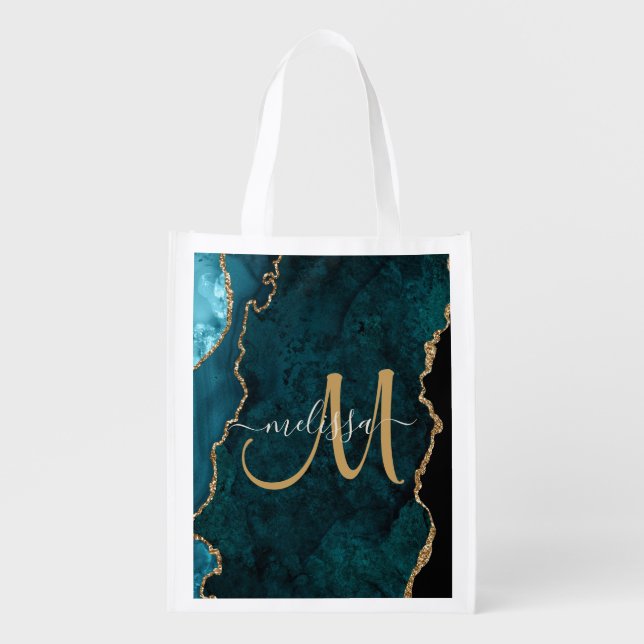 Chic Teal Gold Glitter Agate Custom Monogram Grocery Bag (Front)