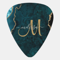 Chic Teal Gold Glitter Agate Custom Monogram Guitar Pick