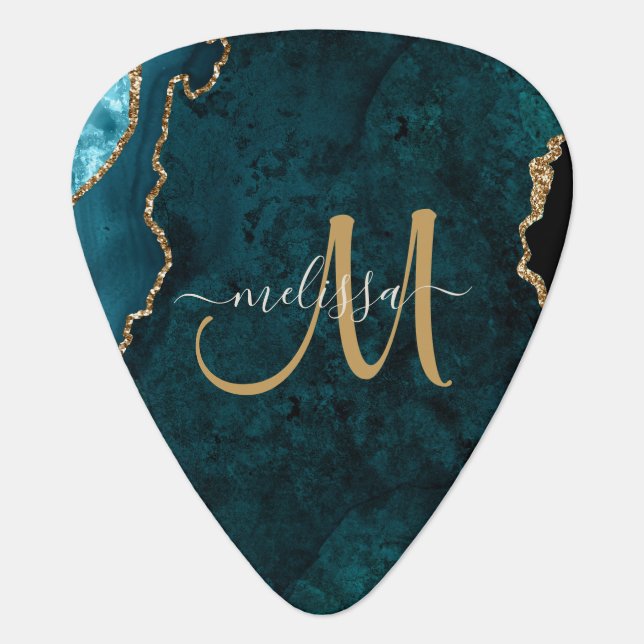 Chic Teal Gold Glitter Agate Custom Monogram Guitar Pick (Front)