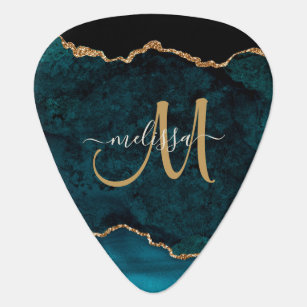 Chic Teal Gold Glitter Agate Custom Monogram Guitar Pick