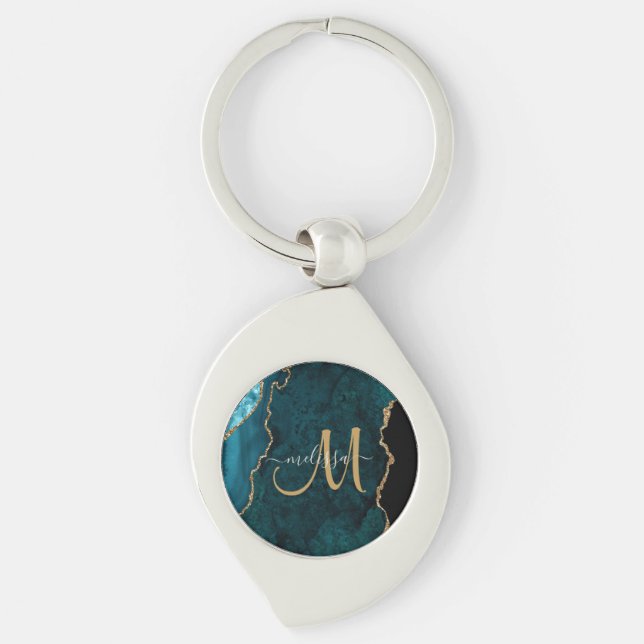 Chic Teal Gold Glitter Agate Custom Monogram Keychain (Front)