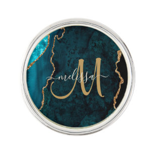 Chic Teal Gold Glitter Agate Custom Monogram Lapel Pin