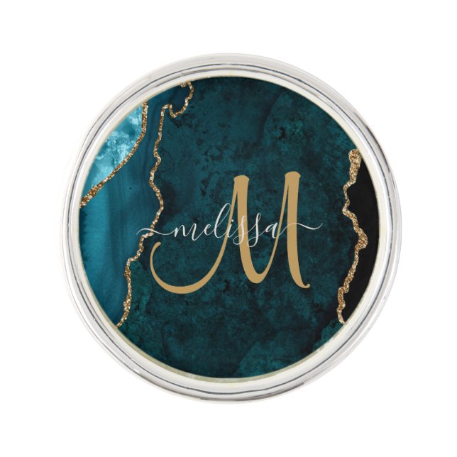Chic Teal Gold Glitter Agate Custom Monogram Lapel Pin (Front)