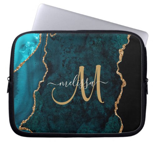 Chic Teal Gold Glitter Agate Custom Monogram Laptop Sleeve