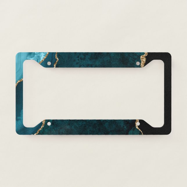 Chic Teal Gold Glitter Agate Custom Monogram License Plate Frame (Front)