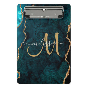Chic Teal Gold Glitter Agate Custom Monogram Mini Clipboard