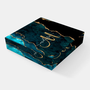 Chic Teal Gold Glitter Agate Custom Monogram Paperweight