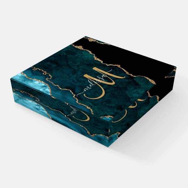 Chic Teal Gold Glitter Agate Custom Monogram Paperweight (Angled)