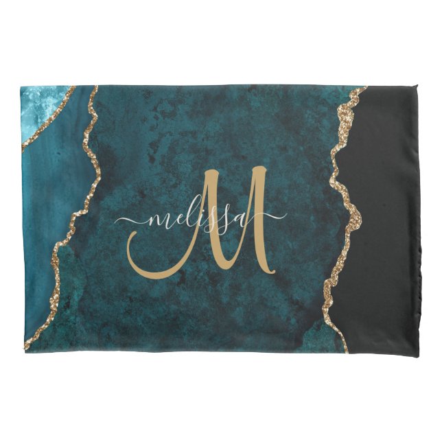 Chic Teal Gold Glitter Agate Custom Monogram Pillow Case (Front)