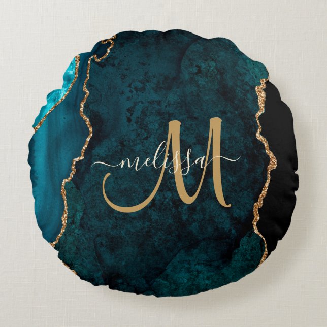 Chic Teal Gold Glitter Agate Custom Monogram Round Pillow (Front)