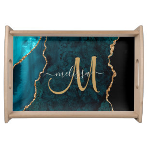 Chic Teal Gold Glitter Agate Custom Monogram Serving Tray