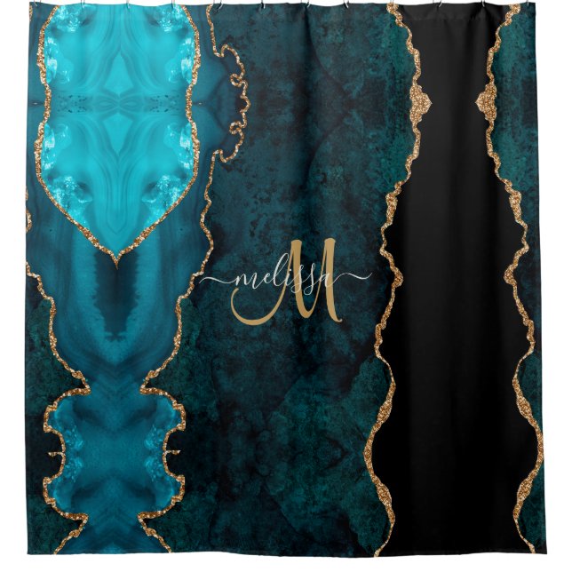 Chic Teal Gold Glitter Agate Custom Monogram Shower Curtain (Front)