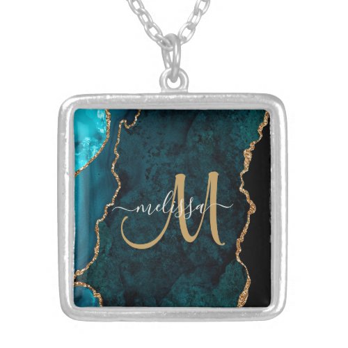 Chic Teal Gold Glitter Agate Custom Monogram Silver Plated Necklace