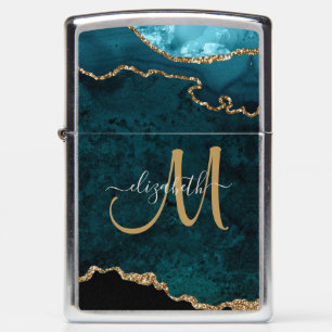 Chic Teal Gold Glitter Agate Custom Monogram Zippo Lighter