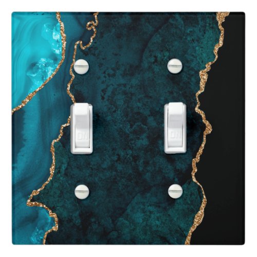 Chic Teal Gold Glitter Agate Marble Light Switch Cover