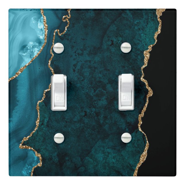 Chic Teal Gold Glitter Agate Marble Light Switch Cover (In Situ)