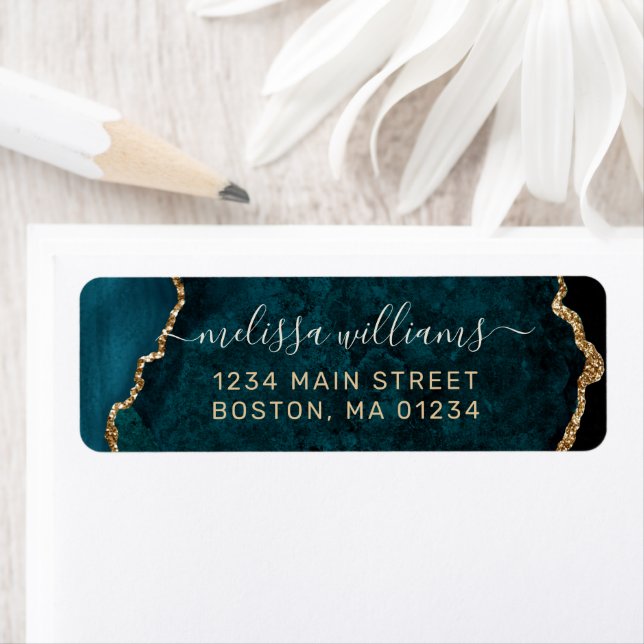 Chic Teal Gold Glitter Agate Monogram Address Label (Insitu)