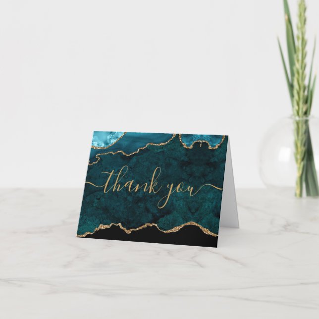 Chic Teal Gold Glitter Agate Monogram Letterpress Thank You Card (Front)