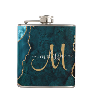 Chic Teal Gold Glitter Agate Monogram Name Flask