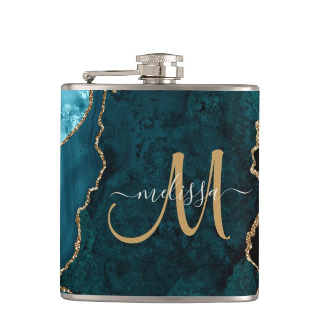 Chic Teal Gold Glitter Agate Monogram Name Flask (Front)